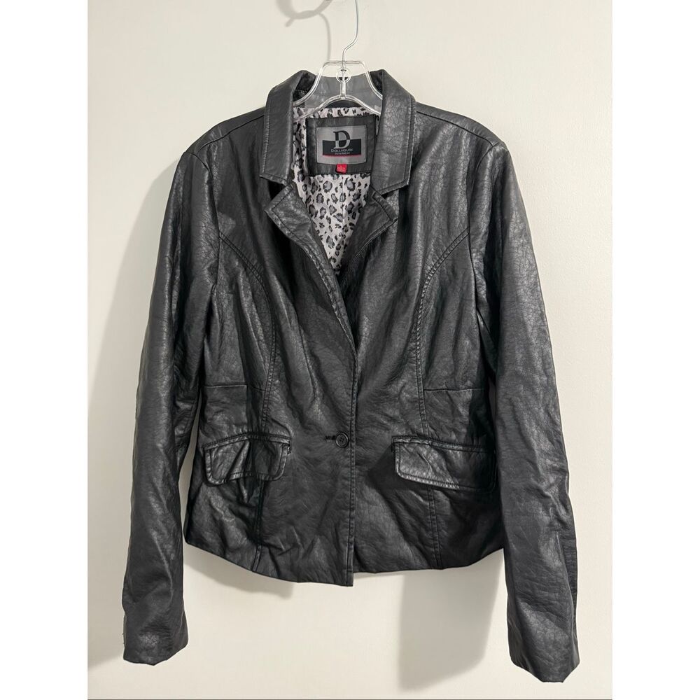 Dollhouse Faux Leather Jacket Women’s Large Black Moto Blazer Leopard Lining‎